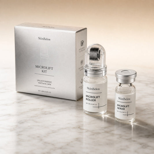 SkinBelow MicroLift Kit — box, roller and peptide serum